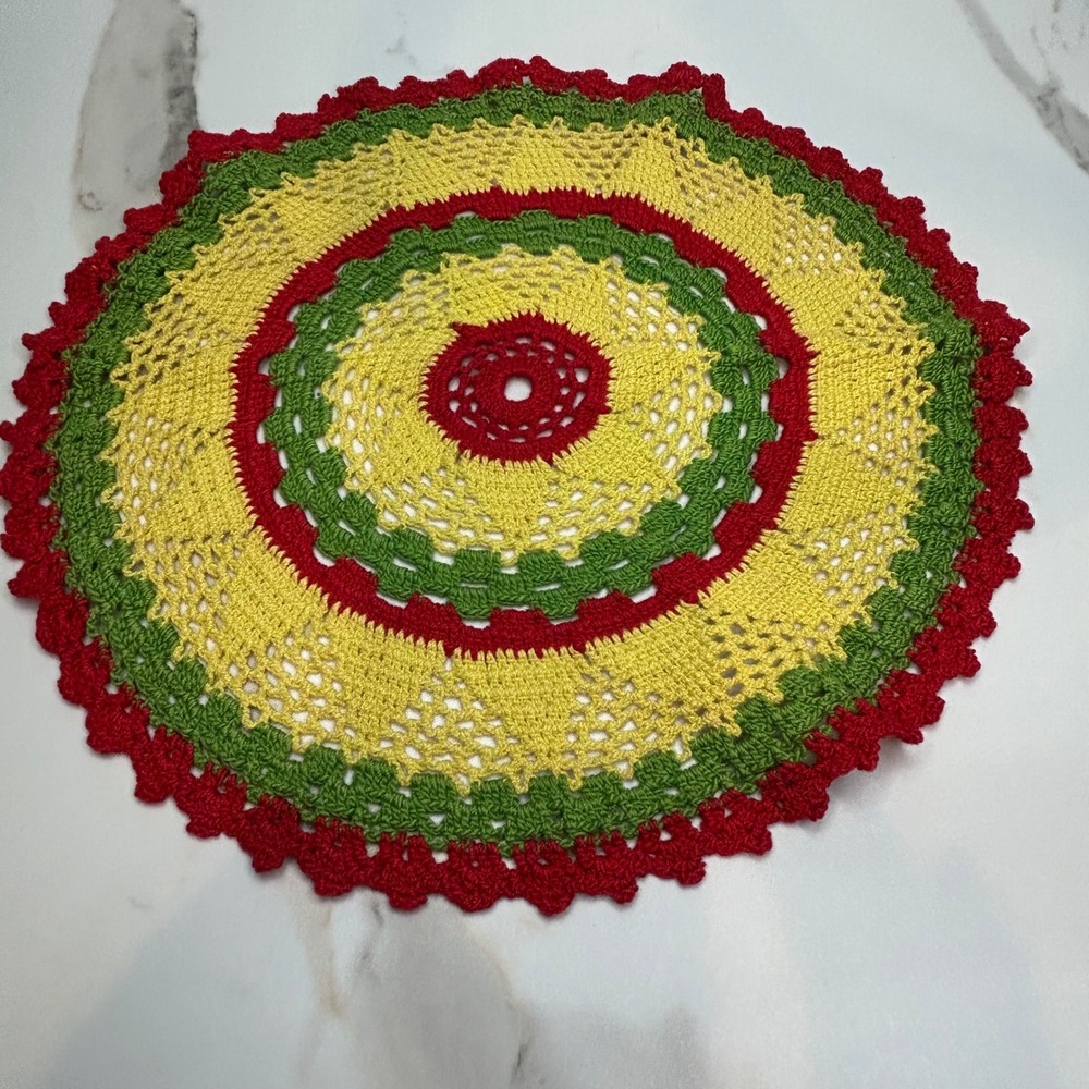 Handmade Rasta Crochet Doily Set Red Yellow Green Boho Table Decor 2 Piece